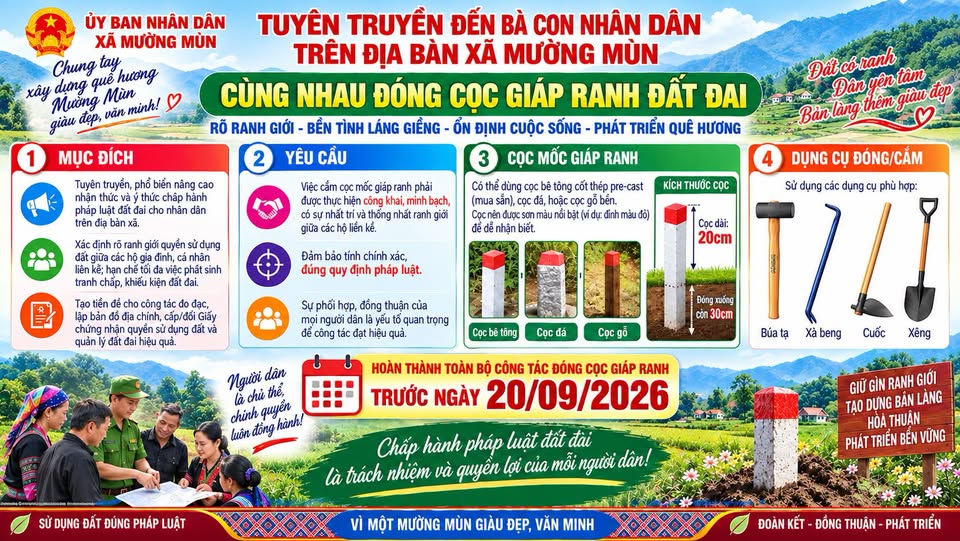 MƯỜNG MÙN: HOÀN THÀNH CẮM CỌC GIÁP RANH ĐẤT ĐAI TRƯỚC NGÀY 20/9/2026